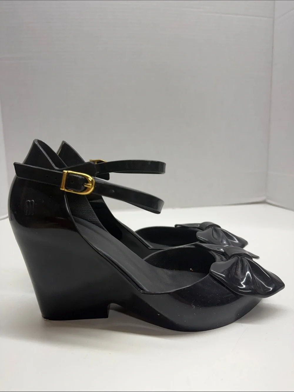 Melissa Lady Love III Heels Wedges Shoes Bow Peep Toe PVC Shiny Black Size 6